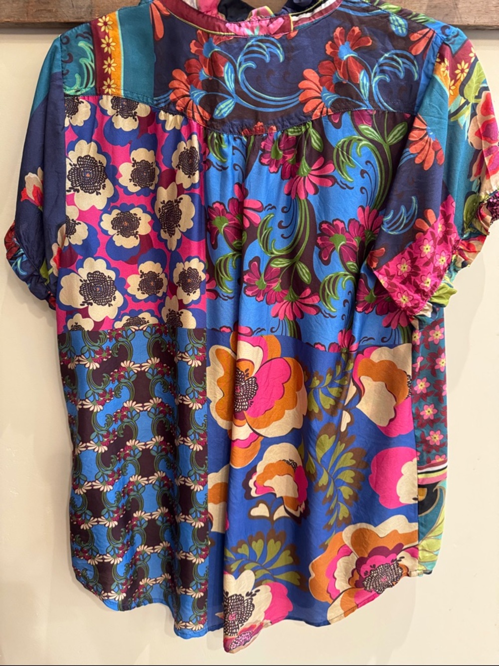 Johnny Was Silk Multicolor Floral Patchwork Blouse with Navy Base - Picture 6 of 7